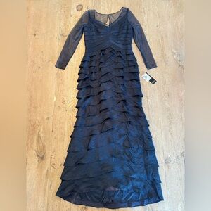 Adrianna Papell Navy Tiered Ruffle Long Sleeve Gown 10 NWT